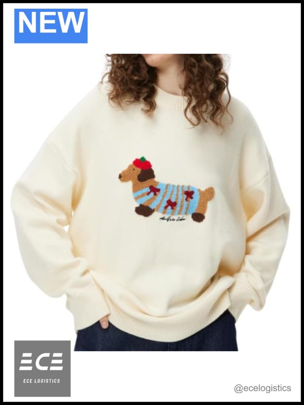 Oversized Crewneck Knit Pullover Sweater with Cartoon Dog Graphic